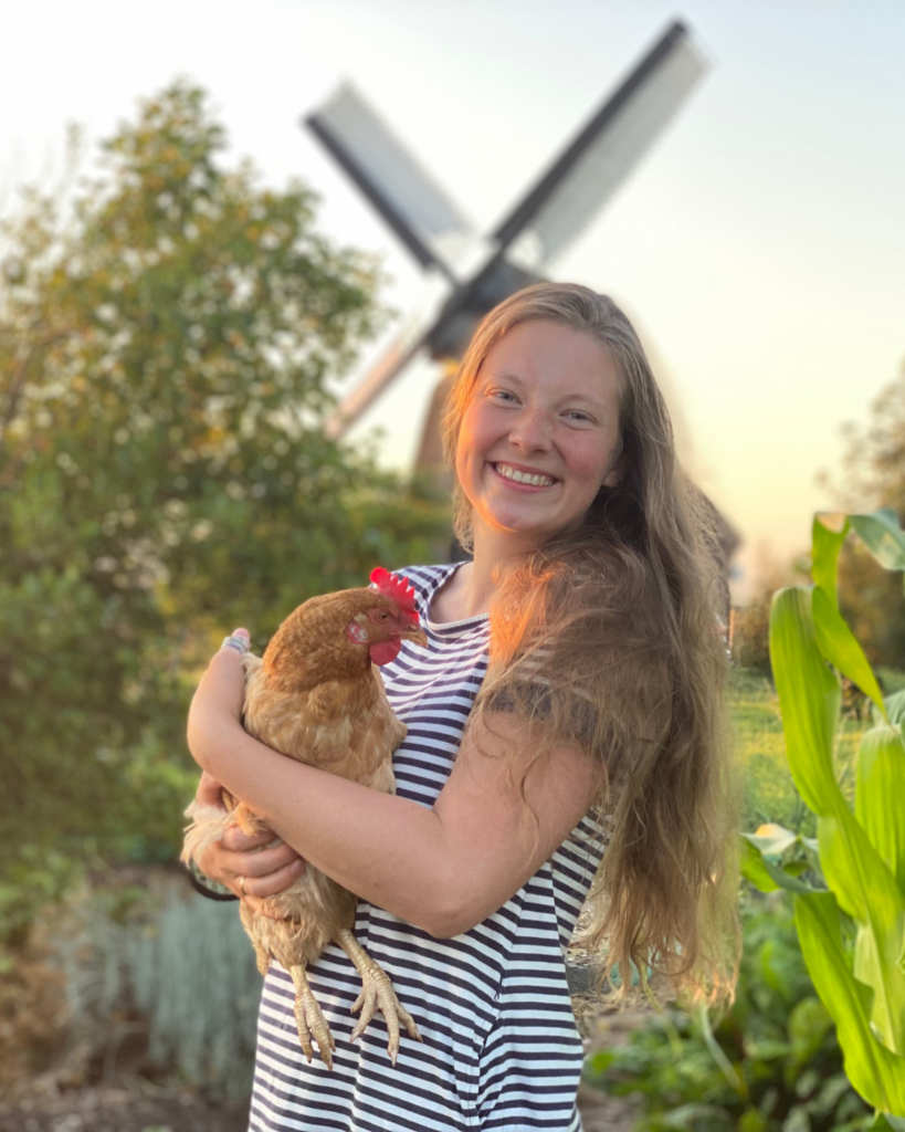 women holding chicken with windmill in background