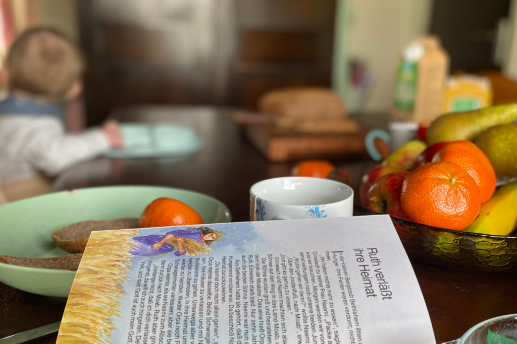 childrens book with breakfast table in background