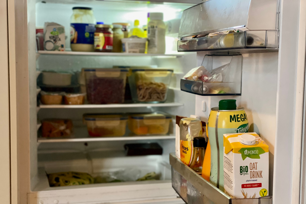 little fridge in minimalist small space family kitchen