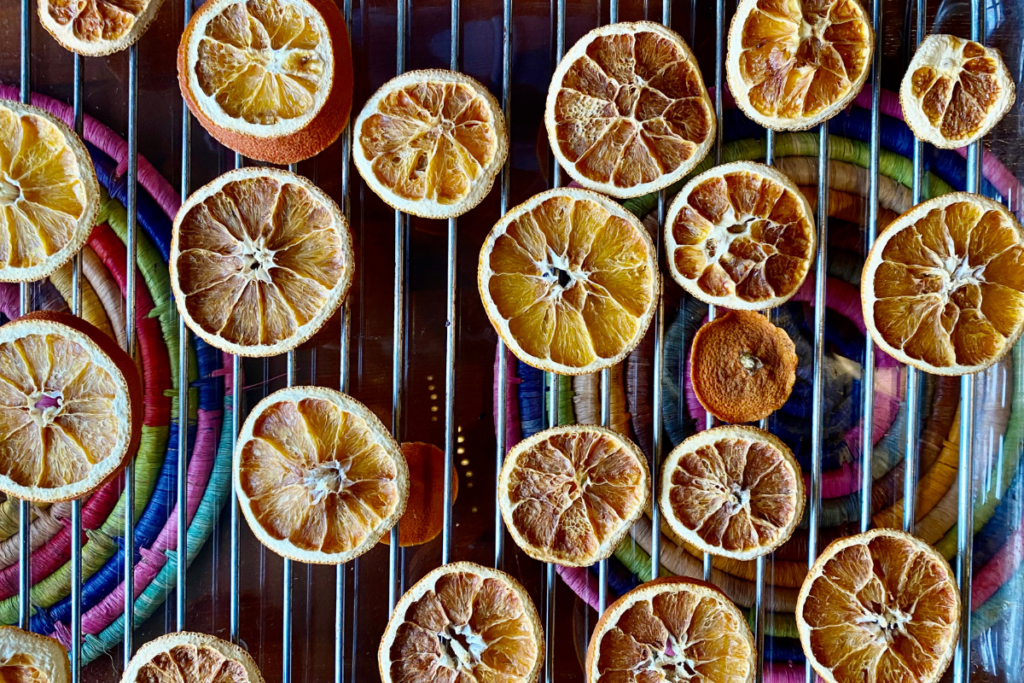 Orange slices on baking tray oven dry