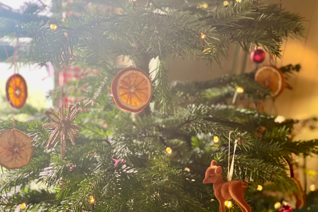 Christmas tree close up with little natural decor items as orange slices