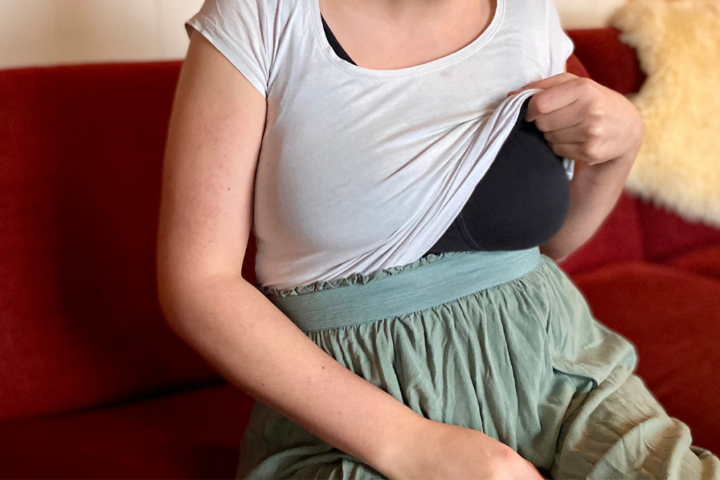 close up of breastfeeding clothes, long skirt with shirt and bra exposed