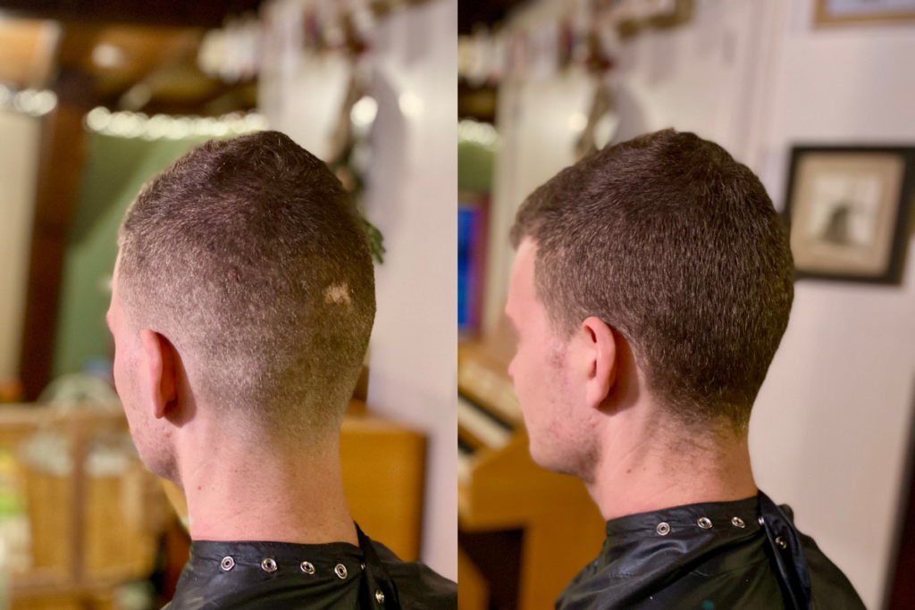 a before and after picture form behind of a man's hair cur after a tutorial 