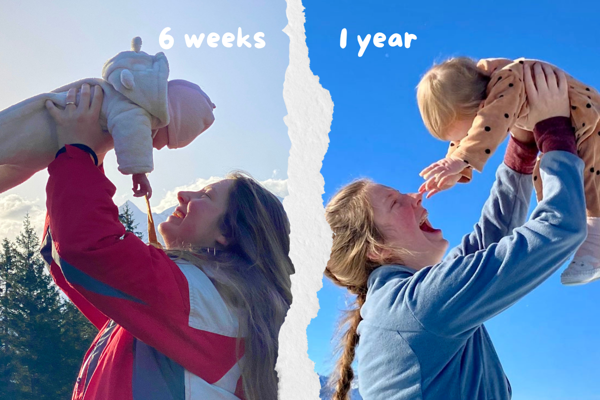 women lifting her baby with blue background when baby is 6 weeks and when it is 1 year old